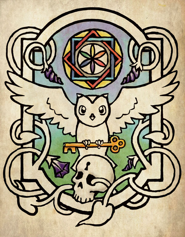 Logo for the Internet School of Magic, an owl holding a key over a skull, with morning glory flowers and a mandala.