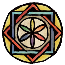 The seal of the Internet School of Magic, a mandala consisting of two interlocking squares surrounding a flower made of vesica pisces petals.